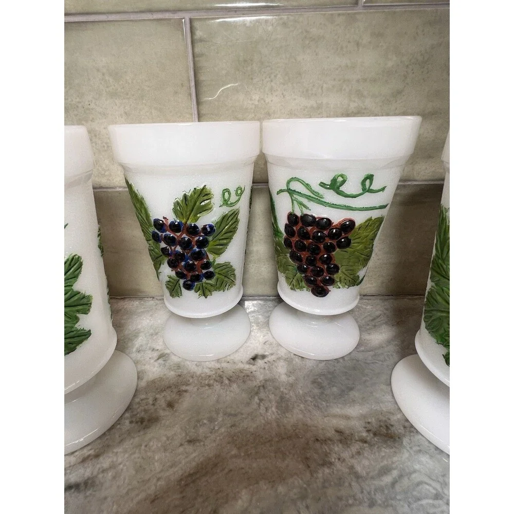 Anchor Hocking Harvest Grape Design Milk-Glass Goblets Circa 1950s Rare Painted